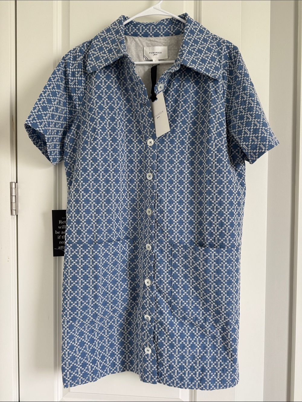 Pomander Place Blue and White Short-Sleeve Button-Down Shirt Dress